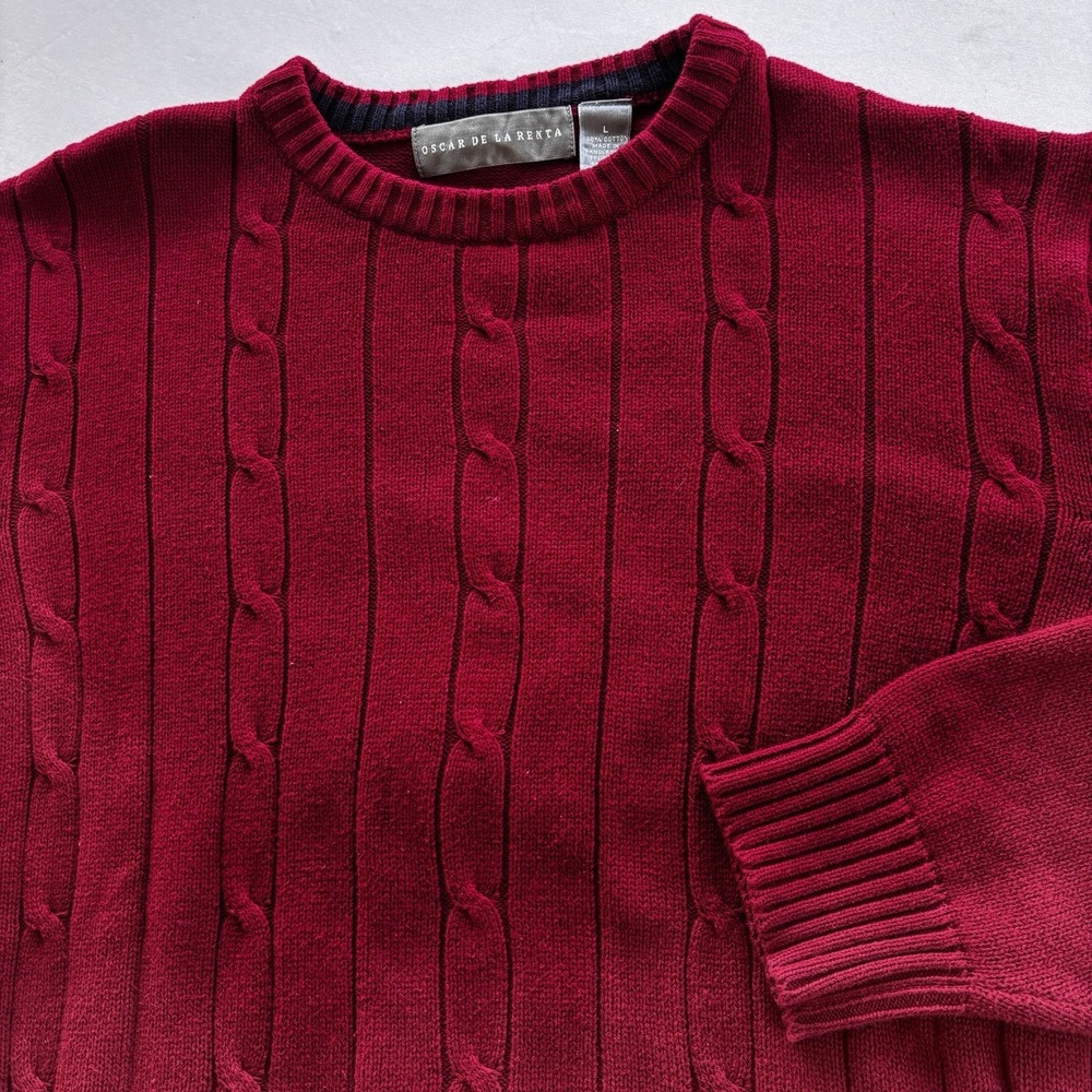 Oscar De La Renta Red Cable Knit‎ Sweater Mens L 100% Cotton Crewneck
